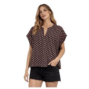 Ann Mashburn Split Neck Tunic Blouse Size L Black Red Print Lined Top